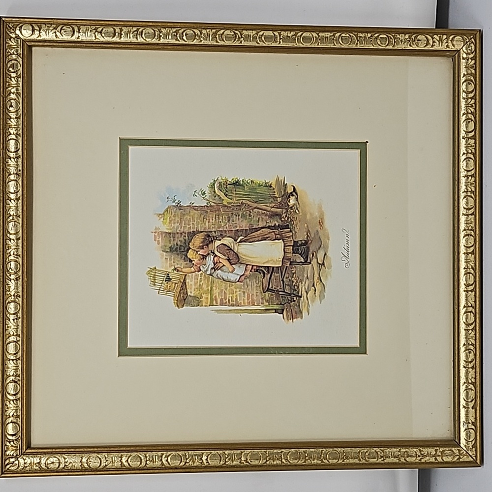 Vintage Framed Matted Girl Book Print Titled "Autumn" Moss Accent Picture